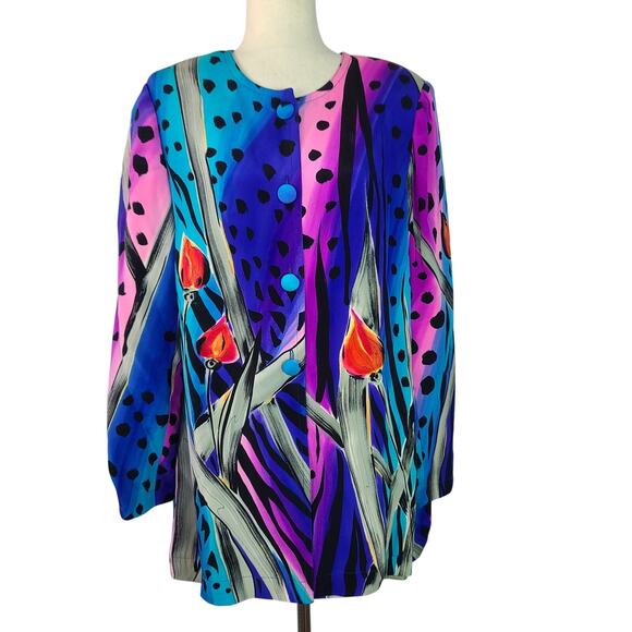 Yolanda Lorente Vintage Blue Pink Teal BOHO Hand Painted Silk Shirt Jacket XL - Picture 1 of 5
